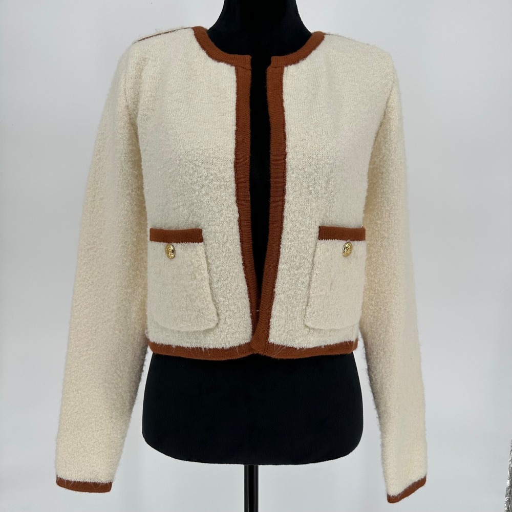 NWT THML Cream Contrast Brown Trim‎ Lady Jacket Open Front Gold Buttons Sz Small